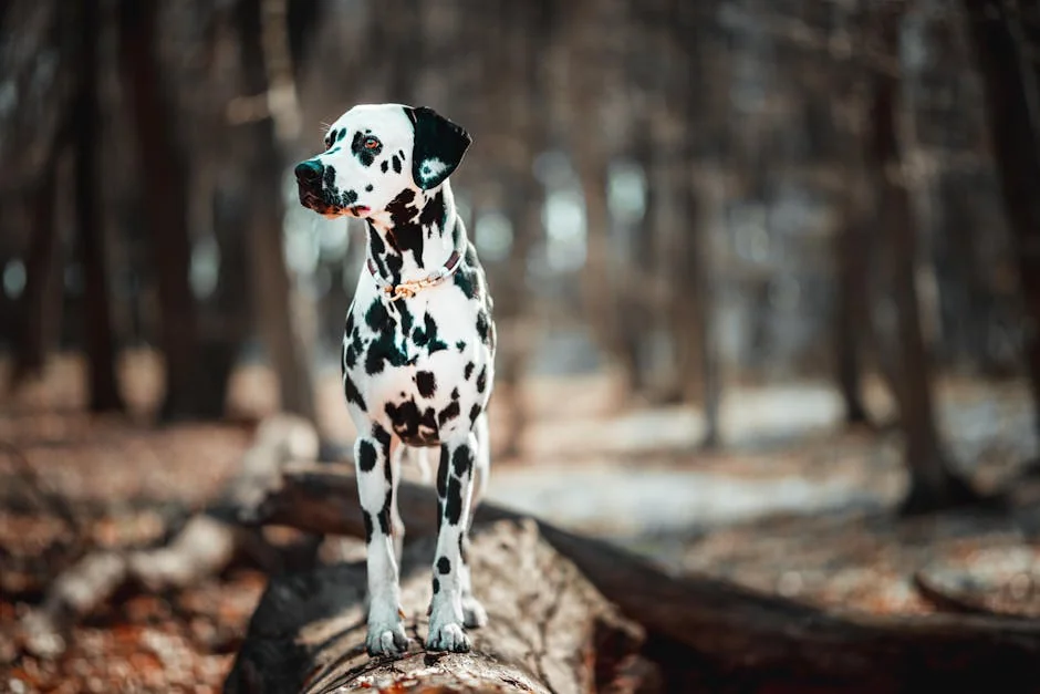 A stunning Dalmatian dog stands confidently on a log in a tranquil forest, highlighting its unique spotted coat. - unique male dog names with meaning